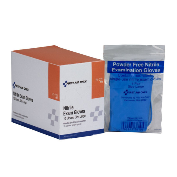 First Aid Only FA-21-226 Nitrile Exam Gloves, Large, Clear - Pack Of 10