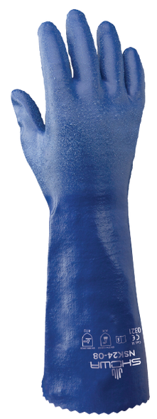 Chemical resistant nitrile, fully coated 14" gauntlet, royal blue, rough finish, interlock liner. Shop Now!