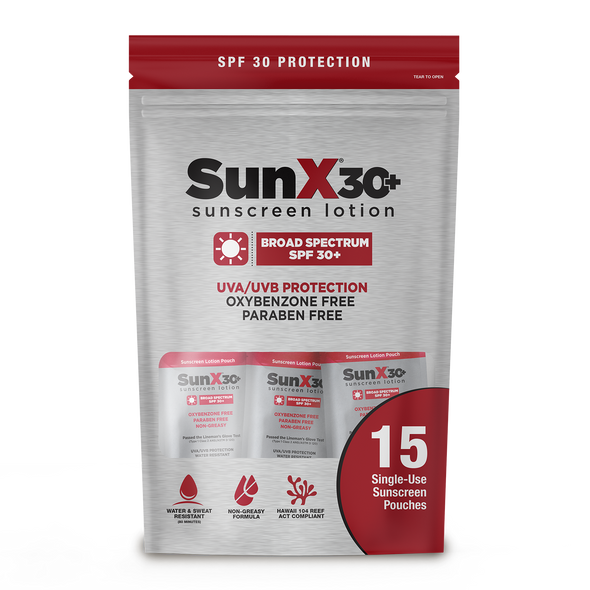 CoreTex 71436 Sun-X SPF 30+ Broad Spectrum Sunscreen  Pouch 15ct Travel Bag (1/4 oz. Packets) -  12 Bags