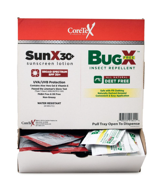  CoreTex 91644 SunX 30 & BugX® 30 Combo – SPF 30+ Sunscreen Pouch and DEET Insect Repellent Towelette Wall Mount Dispenser Box