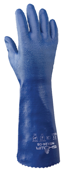 Chemical resistant nitrile, fully coated 14" gauntlet, royal blue, rough finish, interlock liner. Shop Now!