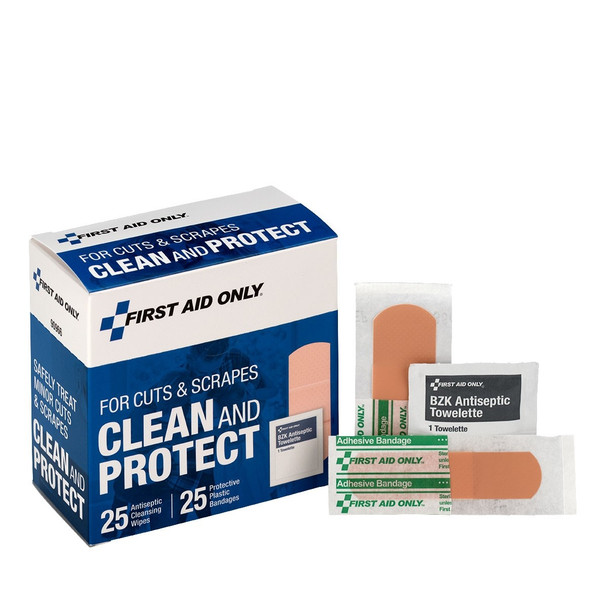 First Aid Only 90966 Clean And Protect For Cuts & Scrapes With 25 BZK Antiseptic Wipes And 25 Protective Plastic Bandages, 1" X 3" And 3/4" X 3". Shop Now!