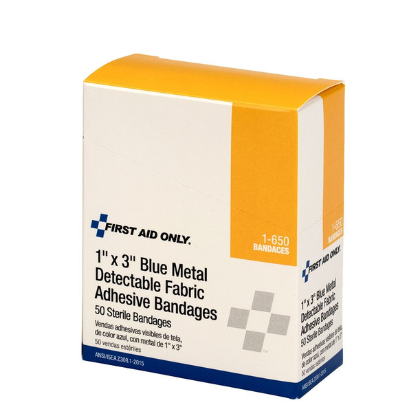 First Aid Only 1-650 1"X3" Blue Metal Detectable Fabric Bandages, 50 Per Box