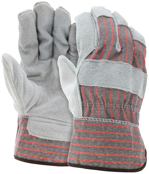 BUY Economy Split Leather Palm Work Gloves, Striped Fabric Back and Cuff, 2.5 Inch Starched Safety Cuff now and SAVE!