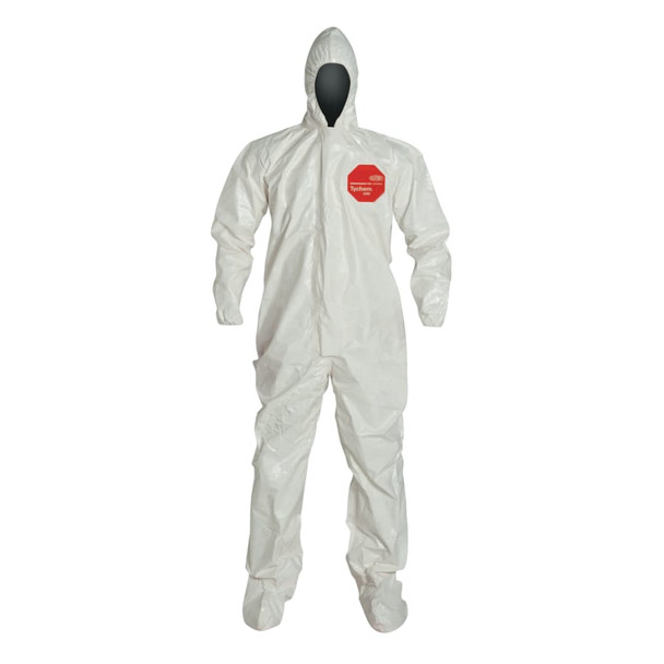 Tychem SL122T 4000 Coverall, Attached Hood and Sock, Elastic Wrists, Zipper, Storm Flap, White,