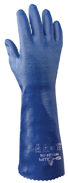 Chemical resistant nitrile, fully coated 14" gauntlet, royal blue, rough finish, interlock liner. Shop Now!