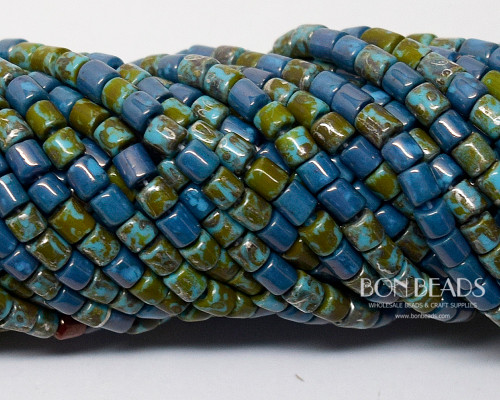 6/0 Aged Blue Turquoise Picasso Bugle Mix  (1/4 Kilo)