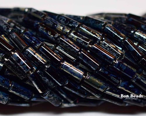 9x4mm Aged Wampum Black Metallic Picasso Bugle (1/4 Kilo)