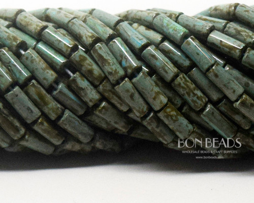 9x4mm Aged Wampum  Green Turquoise Picasso Bugles  (1/4 Kilo)