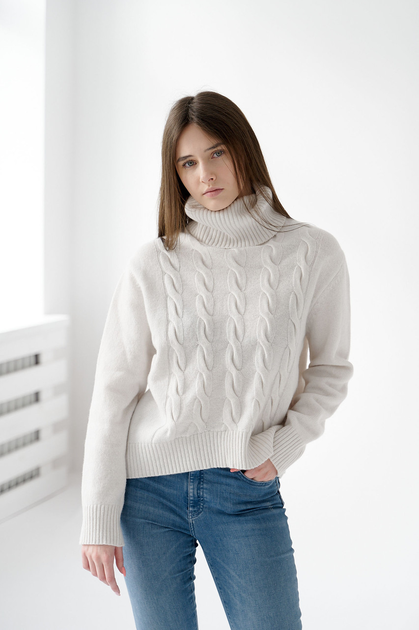 Merino Wool with Cashmere Women's Cable Knit Oversized Turtleneck