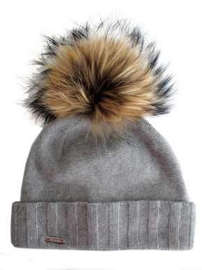 Autumn Cashmere Textured Hat with Raccoon Pom Pom Gray Cashmere Blend Autumn Cashmere Textured Hat with Raccoon fur Pom Pom Gray  main image 4