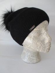 Cashmere Fleece Band Lined Hat with Faux Raccoon Pom