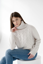 Merino Wool with Cashmere Women's Cable Knit Oversized Turtleneck Sweater Light Warm Pullover