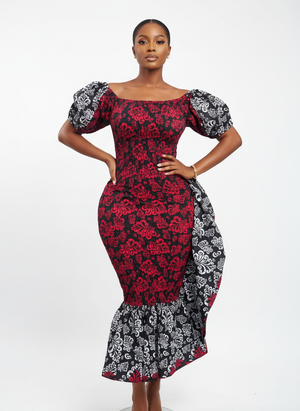 Ruby Noir Off-Shoulder Mermaid Midi Dress