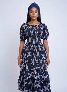 Navy Adire-Inspired Tiered Midi Dress