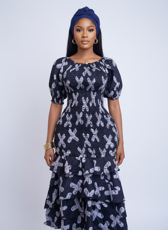 Navy Adire-Inspired Tiered Midi Dress