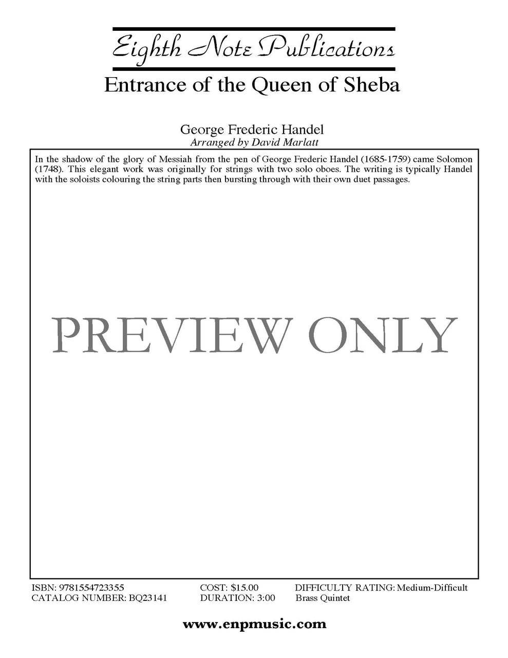 Entrance of the Queen of Sheba for Brass Quintet (Handel/arr. Marlatt