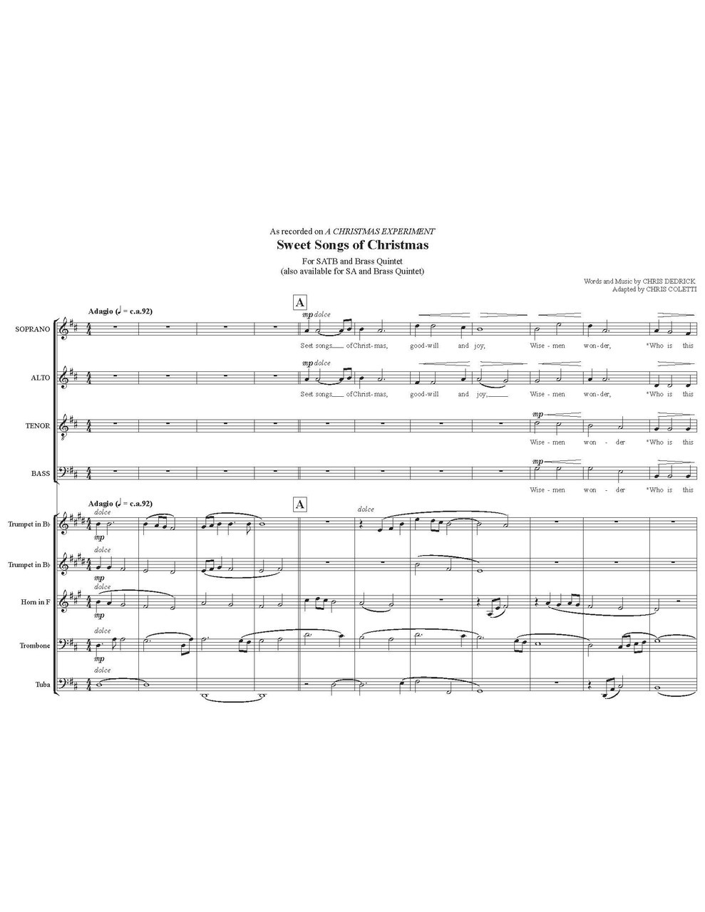 Sweet Songs of Christmas Brass Quintet with SATB Choir (Dedrick