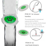 1.5 gpm PCW-01 Flow Regulator Fits within hose fitting and shower handle. Lower the flow of your shower head.  Hand held,  overhead, any shower handheld low flow water saving washer insert