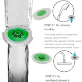 1.5 gpm PCW-01 Flow Regulator Fits within hose fitting and shower handle. Lower the flow of your shower head.  Hand held,  overhead, any shower handheld low flow water saving washer insert