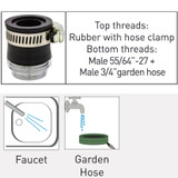 Neoperl adapter faucet with no threads pipe Top threads:
Rubber sleeve with hose clamp
Bottom threads:
   Male 55/64”-27 + Male 3/4” -11.5 GHT • chrome