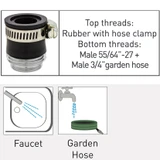 Neoperl adapter faucet with no threads pipe Top threads:
Rubber sleeve with hose clamp
Bottom threads:
   Male 55/64”-27 + Male 3/4” -11.5 GHT • chrome