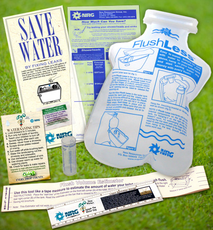 Child Educational Student awareness water saving kit, learn about conservation flush valve calculator, drop vial, ruler, flow gauge bag