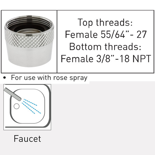 Neoperl Female 55/64”-27 x Female 3/8”-18 NPT (Rose Spray) faucet attachment adapter