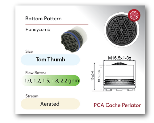 Tom Thumb Size M16.5 aerated aerator specs  low flow water care info Honeycomb screen