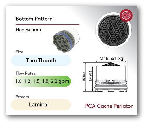 Tom Thumb Size M16.5 aerated aerator specs full flow water care info Honeycomb screen