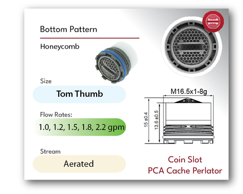 Tom Thumb Size M16.5 aerated aerator specs  low flow water care info Honeycomb screen