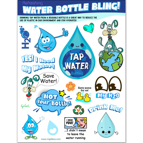 Water bottle stickers kids reusable tap water decorator kit add some fun to your water bottle, water saving messages conservation educational outreach hydro flasks Personalize bottles, tumblers waterproof fun expressive cute eco friendly
