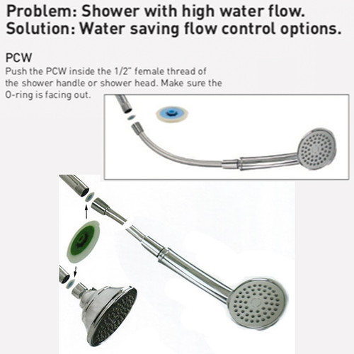insert flow regulator into washer handle PCW-01 Flow Washer to lower the water rate - PCW-01 Flow Washer  1.0 to 2.5 gpm, Neoperl part # 13 1360, 13 1040, 13 1050, 13 1060, 13 1070, 13 1080