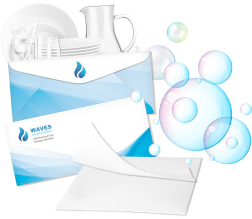 Dishwasher sheet Eco promotional product custom envelope cleaning detergent sheets save water plastic conservation green friendly municipal city utility company promo marketing give away save conserve