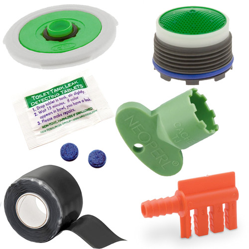 Low flow Neoperl cache aerator faucet watersense fix leaks kit Blue Dye Tab pro repair tape city, utility, municipality logo, toilet leak detection cards Repair promo item kit pipe silicon water seal