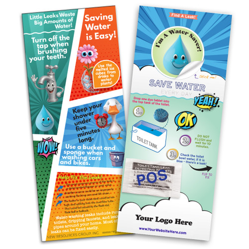Kids Drop saver sticker toilet leak detecting dye tablets custom card for educational outreach utility company, municipality, town, city comic book style