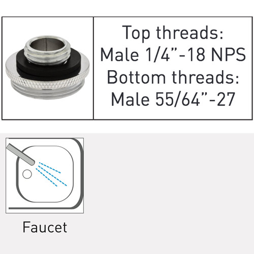 Neoperl 1536505 Top threads:
Male 1/4”-18 NPSM
1 Bottom threads: Male 55/64”-27 chrome