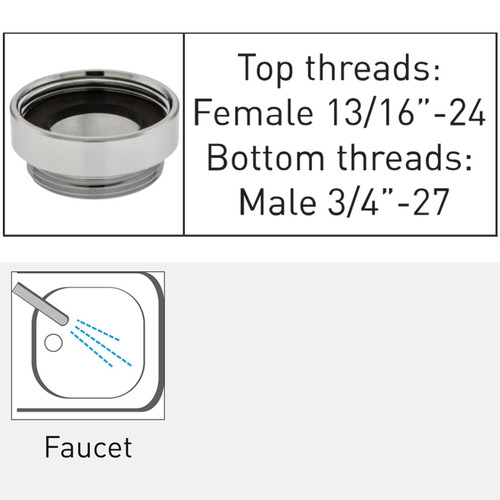 Faucet Adapter Female 13/16"-24 Fits "Chicago" threads x Male 55/64"-27 fits a junior small female