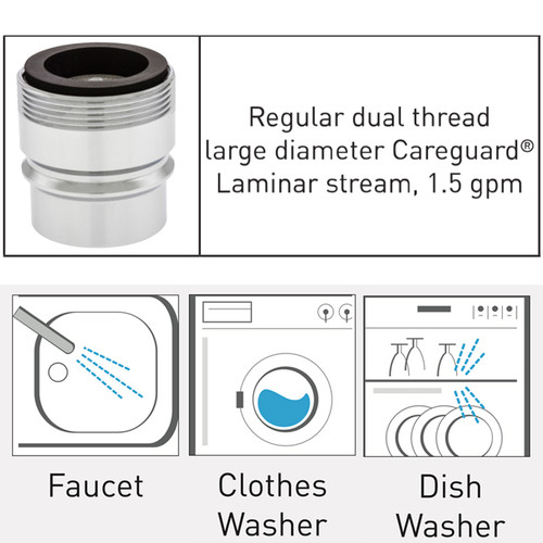 Faucet adapter Top threads: Regular Dual Thread 1 x Large Diameter, Laminar stream, full flow. chrome, connect washing machine, dishwasher, RV, boats, appliances, bathroom Recommended for use in healthcare facilities to prevent mixing air and water.