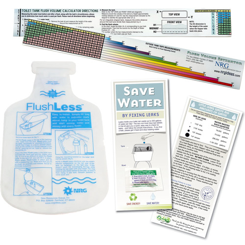 toilet tune up flush calculator water saving device kit. Utility bathroom toilet water saver, leak detecting dye-tablets. flush bank smart displacement bag.