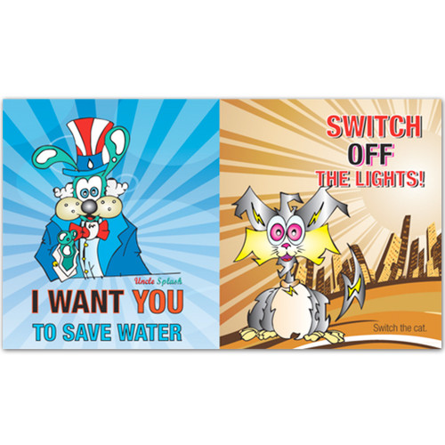 Save water & Energy sticker kids cartoon bright foil water saver switch off light conservation message promotion marketing utilities educational outreach municipality city learning students teacher reward Save water & Energy sticker kids cartoon bright foil water saver switch off light conservation message promotion marketing utilities educational outreach municipality city learning students teacher reward