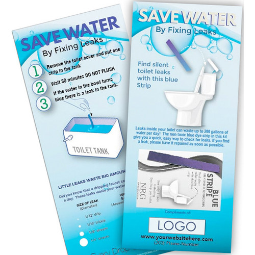 Blue strip dye toilet leak detecting on custom card, educational outreach, toilet water saving, conservation, Water Utilities, municipalities, town, city, promo conserve, marketing idea