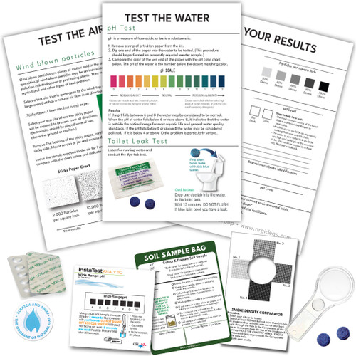 Test for soil, air quality, PH levels in water, leak test for toilet, river and stream analysis Macroinvertebrate, save water energy kit