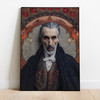 Count Dracula Gothic Horror Art Print detailed embroidery style dark muted tones, Christopher Lee as Count Dracula wearing a black cape