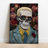 They Live, film art poster, skeleton with glasses looking unimpressed with blue suite and tie, yellow shirt, embroidered look with floral background 