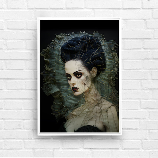 Gothic bride of Frankenstein art print, dark brooding woman with black hair and eyes, pale skin, greens and blacks 