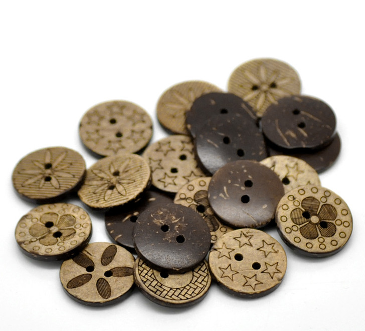 Pack of 20 Brown Etched Patterned Coconut 2 Holes Round Buttons 18mm