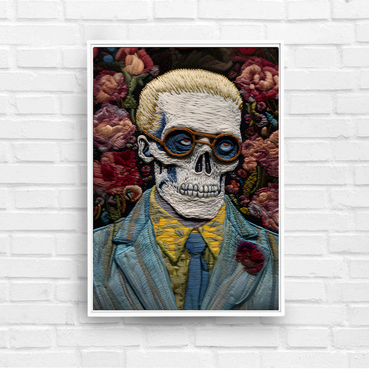 They Live, film art poster, skeleton with glasses looking unimpressed with blue suite and tie, yellow shirt, embroidered look with floral background 