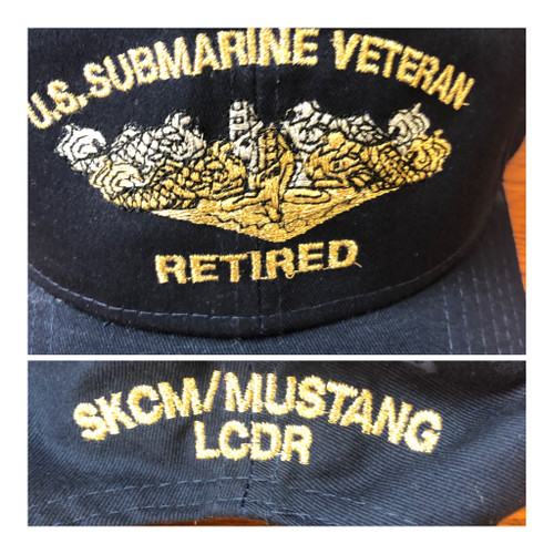 MUSTANG BALL CAP WITH GOLD AND SILVER METALLIC DOLPHINS.  Shown with additional back embroidery