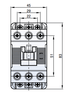 MC-32A-AC120 contactor side view showing side-mounted auxiliary contact blocks front dimensions